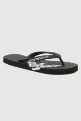 EMPORIO ARMANI Czarne japonki z białym logo. Czarne klapki damskie Emporio Armani, bez wzorów, bez obcasa, bez zapięcia. W wyprzedaży za 159.99 zł.