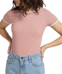 DAMSKI T-SHIRT LEE STRIPED RIBBED TEE AURORA RED L44SPFNV 112109978. Czerwone t-shirty damskie Lee, l, bez wzorów, bez kołnierzyka. Za 69.99 zł.