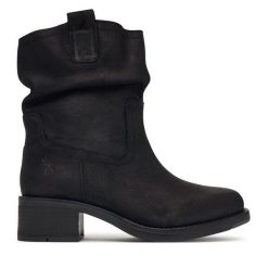 Botki Fly London. Czarne botki damskie Fly London, bez obcasa, na słupku, bez zapięcia. Za 979.99 zł.