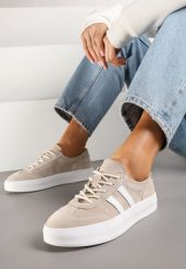 Beżowe Sneakersy Tenisówki ze Skóry Naturalnej na Niskiej Platformie Eleadria. Brązowe obuwie sportowe damskie Renee, bez wzorów, z jeansu, bez zapięcia. Za 189.99 zł.
