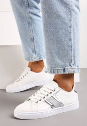 Biało-Srebrne Sznurowane Sneakersy z Ekoskóry z Metalicznymi Wstawkami i Brokatem Lirinea. Białe obuwie sportowe damskie Born2be, z materiału, bez zapięcia. Za 79.99 zł.