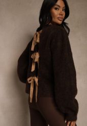 Brązowy Kardigan z Wełną Zdobiony Bufiastymi Rękawami i Wiązaniem na Plecach Tusfina. Brązowe kardigany damskie Renee, l, z aplikacjami, z satyny. Za 149.99 zł.