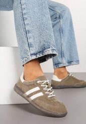 Ciemnobeżowe Skórzane Sneakersy na Płaskiej Podeszwie Ozdobione Paskami Nelavirae. Brązowe obuwie sportowe damskie Born2be, z jeansu, bez zapięcia, tenisowe. Za 179.99 zł.