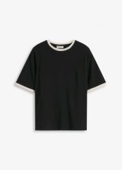 Bluzka z koronkową lamówką. Czarne bluzki damskie bonprix, bez wzorów, z koronki, eleganckie, bez kołnierzyka, bez ramiączek. Za 67.99 zł.