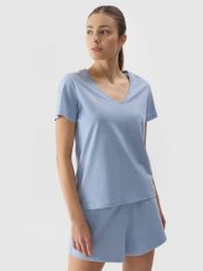 4F T-shirt gładki damski - niebieski XS. Niebieskie t-shirty damskie 4F, xs, bez wzorów, z bawełny, bez kołnierzyka. W wyprzedaży za 39.99 zł.