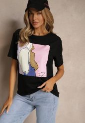 Czarny Bawełniany T-shirt z Geometrycznym Nadrukiem Mepressa. Czarne t-shirty damskie Renee, s, bez wzorów, z bawełny, bez kołnierzyka. Za 39.99 zł.