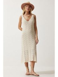Happiness Istanbul Sukienka dzianinowa w kolorze kremowym rozmiar: onesize. Brązowe sukienki damskie Happiness Istanbul, bez wzorów, z dzianiny, bez ramiączek. Za 66.00 zł.