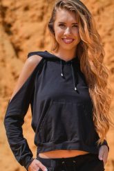 Czarna Krótka Bluza z Rozcięciami na Ramionach. Czarne bluzy damskie Infinite You, l, bez wzorów, z bawełny, bez kaptura. Za 167.90 zł.