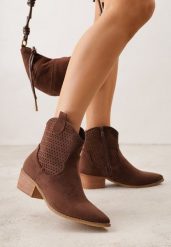 Brązowe Botki Kowbojki Vices na Słupku z Ażurową Cholewką Elfedi. Brązowe botki damskie Renee, z jeansu, eleganckie, bez obcasa, na obcasie, bez zapięcia. Za 149.99 zł.