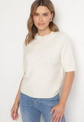 Jasnobeżowy Sweter z Wełną z Krótkim Rękawem Dannoria. Brązowe swetry klasyczne damskie Born2be, uniwersalny, z jeansu, bez kołnierzyka. Za 149.99 zł.
