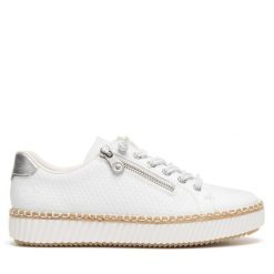 Półbuty Rieker. Białe półbuty damskie Rieker, bez wzorów, bez obcasa, na płaskiej podeszwie, bez zapięcia. Za 289.99 zł.
