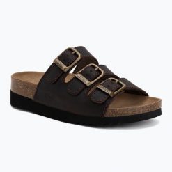 Klapki damskie Scholl Rio Wedge Ad Med. Brązowe klapki damskie Scholl, bez wzorów, z materiału, bez obcasa, bez zapięcia. Za 289.99 zł.