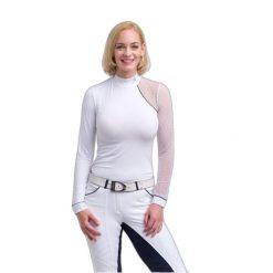 Damska koszulka polo do jazdy konnej z długim rękawem Cavalliera Modern. Białe koszulki damskie CAVALLIERA, bez wzorów, bez kołnierzyka, bez ramiączek. W wyprzedaży za 296.50 zł.