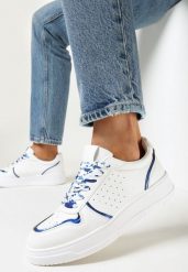 Biało-Niebieskie Sneakersy z Błyszczącymi Wstawkami i Dekoracyjnym Sznurowaniem Horustia. Białe obuwie sportowe damskie Born2be, bez zapięcia. Za 79.99 zł.