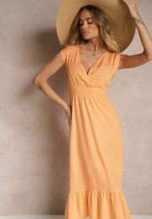 Pomarańczowa Kopertowa Sukienka z Wiskozy Zdobiona Falbanką Ularisela. Brązowe sukienki damskie Renee, z aplikacjami, z wiskozy, eleganckie, bez ramiączek. W wyprzedaży za 55.99 zł.