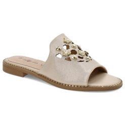 Złote Klapki S.Barski Eleganckie Buty Damskie. Żółte klapki damskie S.BARSKI, bez wzorów, ze skóry ekologicznej, bez obcasa, bez zapięcia. Za 119.00 zł.