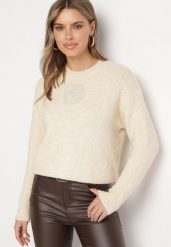 Beżowy Sweter z Wełną Ozdobiony Haftem Ellannia. Brązowe swetry klasyczne damskie Born2be, na zimę, z wełny, bez kołnierzyka. Za 119.99 zł.