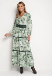 Zielona Kopertowa Rozkloszowana Sukienka Ozdobiona Paskiem i Falbanami Fezisia. Zielone sukienki damskie Born2be, bez wzorów, eleganckie, bez ramiączek. W wyprzedaży za 118.99 zł.