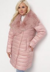 Różowa Kurtka Pikowana z Odpinanym Futerkiem z Asymetrycznym Suwakiem Redma. Czerwone kurtki damskie Born2be, xl, bez wzorów, bez kaptura. Za 399.99 zł.
