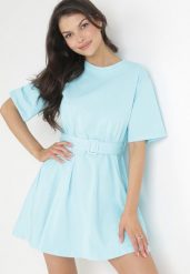Jasnoniebieska Bawełniana Sukienka Mini z Materiałowym Paskiem z Klamrą Yakatoki. Niebieskie sukienki damskie Born2be, bez wzorów, z bawełny, bez ramiączek. Za 119.99 zł.