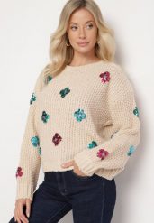 Beżowy Sweter z Tłoczonej Dzianiny z Wiskozą Zdobiony Cekinowymi Kwiatami Edamara. Brązowe swetry klasyczne damskie Born2be, l, z dzianiny, bez kołnierzyka. Za 89.99 zł.