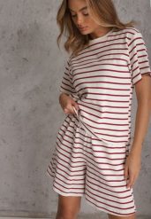 Czerwono-Białe Casualowe Szorty High Waist w Prążki z Bawełnianej Tkaniny Lennliss. Białe szorty damskie Renee, bez wzorów, z bawełny, z podwyższonym stanem. Za 59.99 zł.