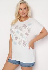 Biały Klasyczny Bawełniany T-shirt Ozdobiony Cyrkoniami Christara. Białe t-shirty damskie Born2be, l, bez wzorów, z bawełny, bez kołnierzyka. Za 34.99 zł.