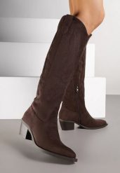 Ciemnobrązowe Kozaki Kowbojki w Klasycznym Stylu z Imitacji Zamszu Lataselia. Brązowe kozaki damskie Renee, z jeansu, ze szpiczastym noskiem, bez obcasa, na obcasie, bez zapięcia. Za 159.99 zł.