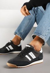 Czarno-Białe Sneakersy ze Skórzaną Wkładką i Ozdobnymi Paskami Nasnella. Czarne obuwie sportowe damskie Renee, z materiału, bez zapięcia. Za 159.99 zł.