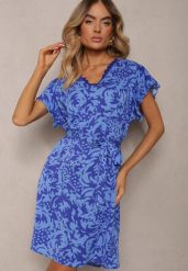Niebieska Pudełkowa Sukienka w Ornamentalny Wzór z Paskiem i Koronkową Wstawką Ceviana. Niebieskie sukienki damskie Renee, bez wzorów, z koronki, eleganckie, bez ramiączek. W wyprzedaży za 56.99 zł.