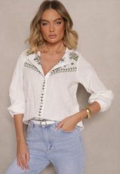 Biało-Zielona Bawełniana Koszula Boho z Haftowanym Wzorem Gonniva. Zielone koszule damskie Renee, l, bez wzorów, z bawełny, boho, bez kołnierzyka, bez ramiączek. Za 84.99 zł.