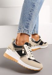 Beżowo-Czarne Sneakersy na Niewysokim Koturnie Ozdobione Suwakiem i Wstawkami Liorrama. Brązowe obuwie sportowe damskie Renee, z materiału, bez zapięcia. Za 99.99 zł.