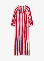 Sukienka typu kaftan z wiskozy z fakturą we wzór w paski. Czerwone sukienki damskie bonprix, bez wzorów, z wiskozy, bez ramiączek. Za 149.99 zł.
