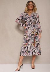Czarna Sukienka w Kwiatowy Print o Rozkloszowanym Kroju z Dekoltem w Serek Janellia. Czarne sukienki damskie Renee, bez wzorów, bez ramiączek. W wyprzedaży za 83.99 zł.