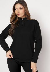 Czarna Bawełniana Bluza z Półgolfem i Ściągaczem Themista. Czarne bluzy damskie Born2be, bez wzorów, z bawełny, bez kaptura. Za 89.99 zł.