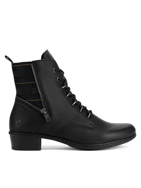 Rieker Botki Y0700-01 Czarny. Czarne botki damskie Rieker, z materiału, bez obcasa, na płaskiej podeszwie, bez zapięcia. Za 379.99 zł.