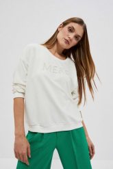 Bluza z napisem perłowa. Białe bluzy damskie MOODO, m, bez wzorów, z bawełny, bez kaptura. W wyprzedaży za 59.99 zł.