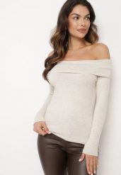 Jasnobeżowy Sweter z Wiskozą i Wywiniętym Dekoltem Corivie. Brązowe swetry klasyczne damskie Born2be, m, z jeansu, bez kołnierzyka. Za 99.99 zł.