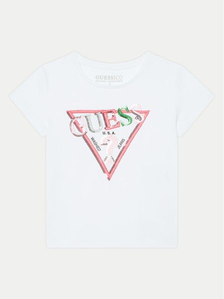 Guess T-Shirt K5RI16 K6YW4 Biały Regular Fit. Białe koszulki i t-shirty dziewczęce Guess, z aplikacjami, z bawełny, bez kołnierzyka, bez ramiączek. Za 59.99 zł.