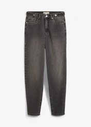 Jeansy mom, high waist, cropped. Niebieskie jeansy damskie bonprix, z podwyższonym stanem. Za 124.99 zł.