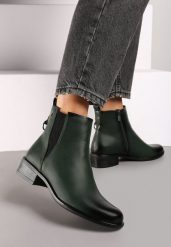 Zielone Botki na Słupku w Stylu Sztybletów z Metaliczną Aplikacją Verinette. Zielone botki damskie Renee, z jeansu, eleganckie, bez obcasa, na obcasie, bez zapięcia. Za 169.99 zł.