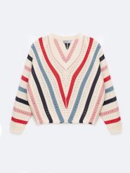 Sweter damski ażurowy w kolorowe paski kremowy Vika 102. Białe swetry klasyczne damskie Big Star, l, z bawełny, bez kołnierzyka. Za 199.99 zł.