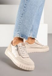 Beżowe Sneakersy ze Skóry Naturalnej z Ozdobnym Suwakiem Tilliraya. Brązowe obuwie sportowe damskie Renee, ze skóry, bez zapięcia. Za 169.99 zł.