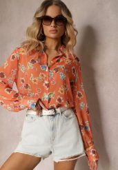 Pomarańczowa Koszula Lekko Transparentna w Kwiecisty Print Gremelia. Brązowe koszule damskie Renee, l, bez wzorów, z jeansu, eleganckie, bez kołnierzyka, bez ramiączek. Za 49.99 zł.