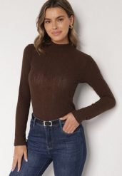 Brązowa Bluzka Longsleeve z Półgolfem z Półtransparentnej Tkaniny z Wiskozą Tuseana. Brązowe bluzki damskie Born2be, l, bez wzorów, z jeansu, biznesowe, bez kołnierzyka, bez ramiączek. Za 79.99 zł.