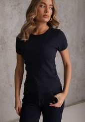 Granatowy Bawełniany T-shirt o Dopasowanym Kroju z Prążkowanego Materiału Lailya. Niebieskie t-shirty damskie Renee, m, bez wzorów, z bawełny, bez kołnierzyka. Za 39.99 zł.