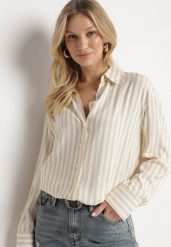 Jasnobeżowa Bawełniana Koszula w Pionowe Paski Zdobiona Cyrkoniami Isorina. Brązowe koszule damskie Born2be, l, z aplikacjami, z bawełny, eleganckie, bez kołnierzyka, bez ramiączek. Za 99.99 zł.