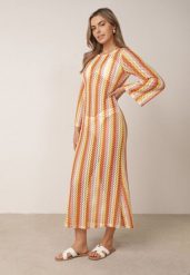 Pomarańczowa Rustykalna Sukienka Letnia z Plecionki w Paski Ixelle. Brązowe sukienki damskie Born2be, bez wzorów, eleganckie, bez ramiączek. Za 149.99 zł.