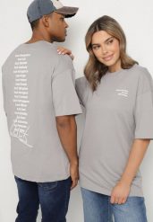 Szara Koszulka T-shirt z Nadrukiem z Przodu i na Plecach Ninarelia. Szare bluzki damskie Born2be, l, bez wzorów, bez kołnierzyka. Za 39.99 zł.