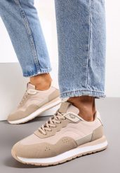 Ciemnobeżowe Sneakersy Zdobione Wstawkami z Imitacji Skóry Fayela. Brązowe obuwie sportowe damskie Renee, ze skóry, bez zapięcia. Za 99.99 zł.
